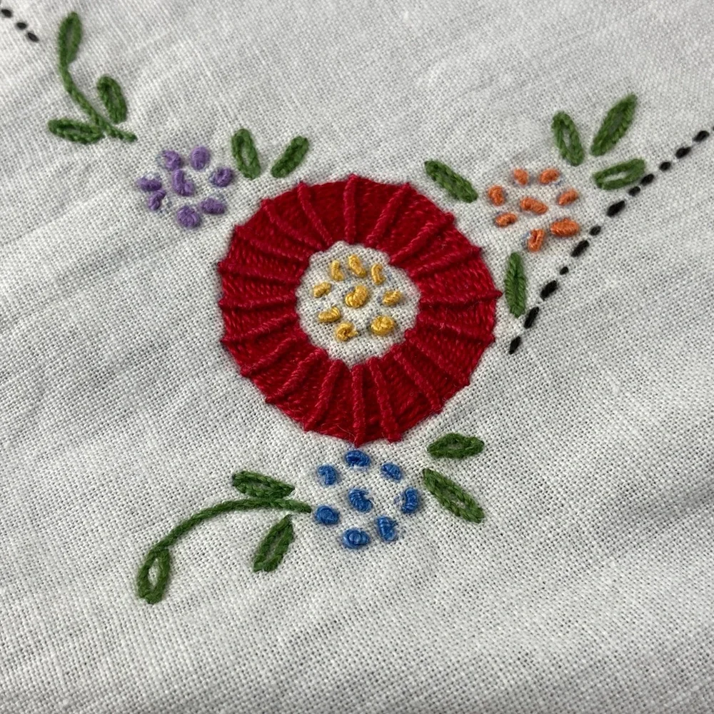 Vintage Hand Embroidered Linen & Lace Tablecloth Crinoline Ladies in Hoop Skirts